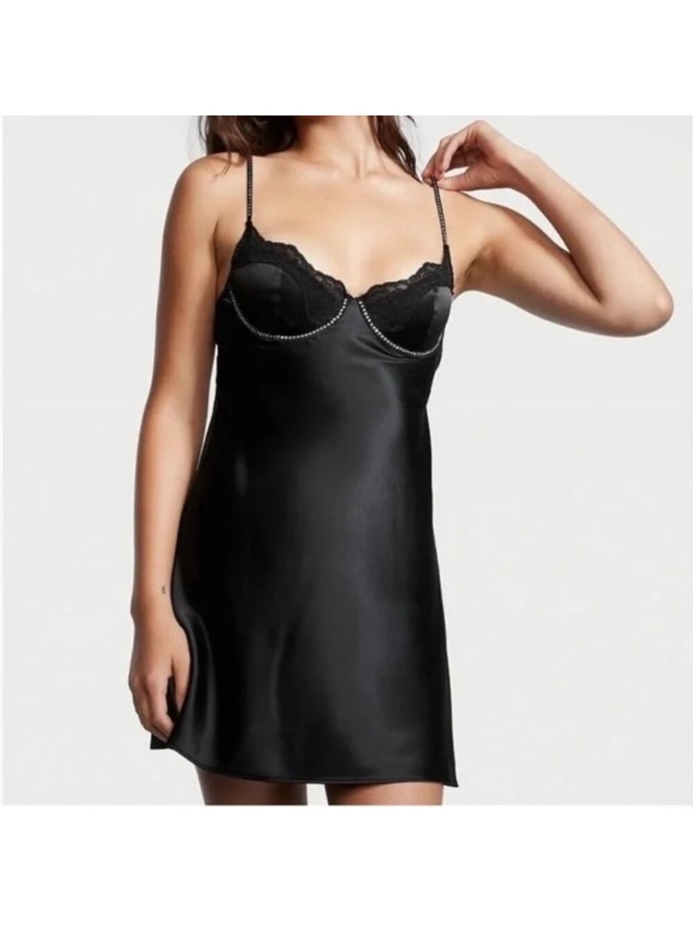 Victoria’s Secret Satin Lace Rhinestone Cupped Mini Slip Dress Black L NWT